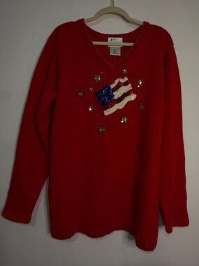 The Quaker Factory Women's Red Sequin Flag V-Neck Sweater. Sz XL. NWT.
